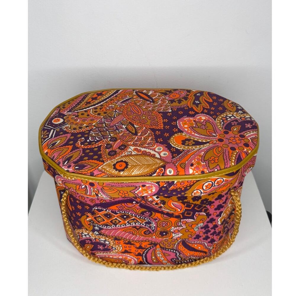 1960s Psychedelic Paisley Wig Case Hat Box Vanity Storage Mod Orange Pink - Picture 14 of 16